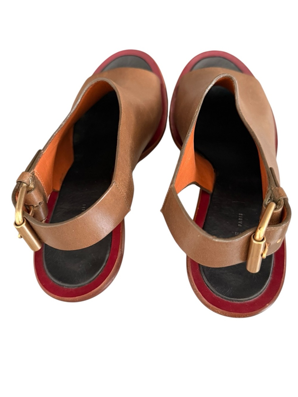 Celine Brown Leather Sandals with Red Trim and Gold Buckle